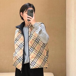 欧洲代购BBR 新款斜格纹战马刺绣双面穿立领羽绒服马甲女外套男