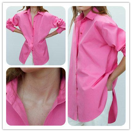 西班牙单 现货 2024春夏新款棉质府绸女士桃红色休闲宽松上衣衬衫