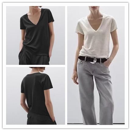 西班牙单 现货女装 2025休闲简约风轻薄亚麻混纺V领短袖T恤上衣,女装/女士精品,T恤,淘宝优惠券,粉丝福利购,淘宝优惠卷