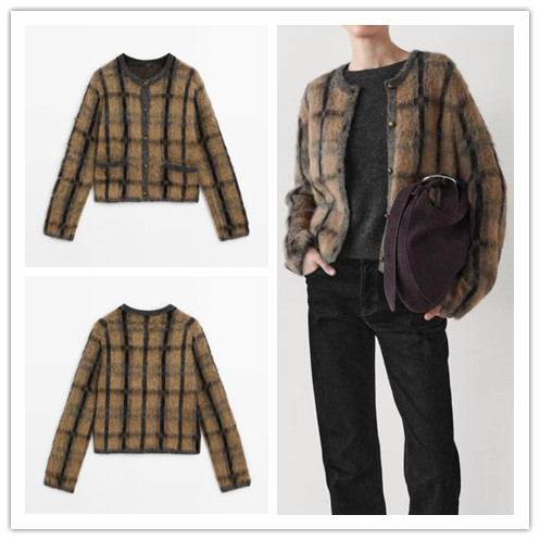 西班牙单2024秋冬新品休闲羊毛小香风棕色格纹针织开衫短外套上衣