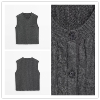 西班牙单 2024新品知识分子羊毛灰气质淑女绞花针织背心马甲开衫