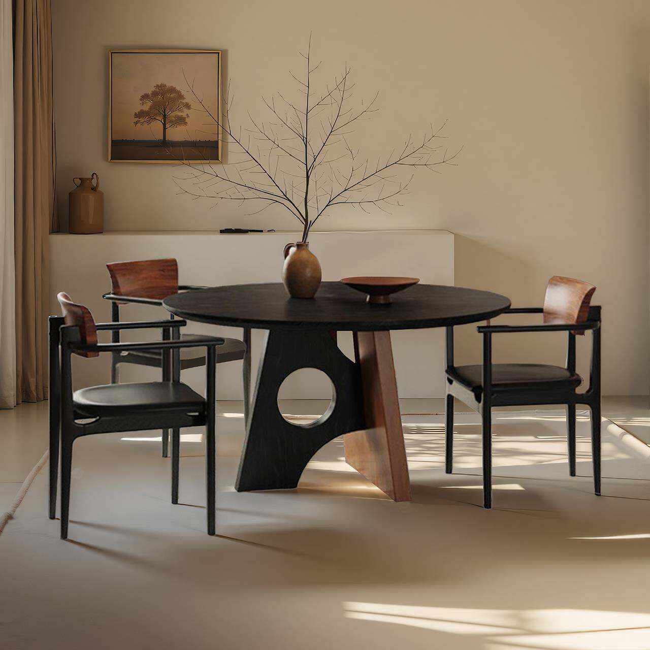 设计师胡桃色岩板餐桌法式复古吃饭桌子实木圆形餐桌侘寂中古风