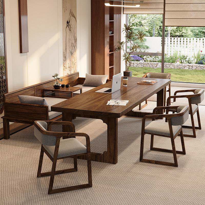 宋氏美学核桃木全实木家用客厅书桌镂空中式设计办公桌长条沙发椅