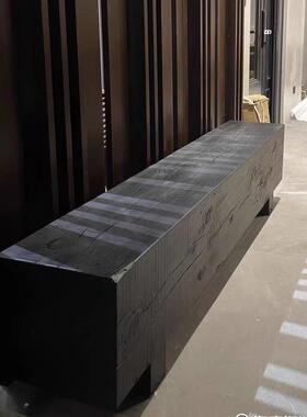 北0欧设计碳化休黑色木凳条整民宿摆长件创，0，0066意息木墩换鞋