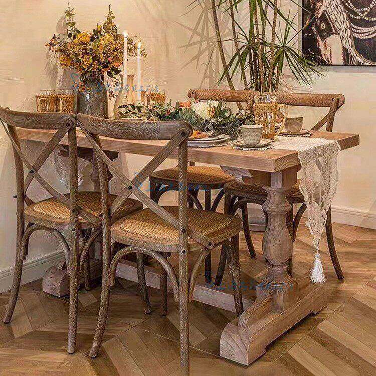 美式乡村原木色复古做旧长餐桌新款法式轻奢田园实木雕刻长桌饭桌