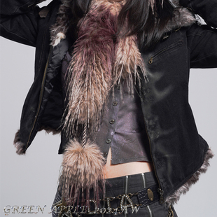 GreenApple秋冬仿水貂毛高级千金风长短毛复古感叹号交叉毛球围巾