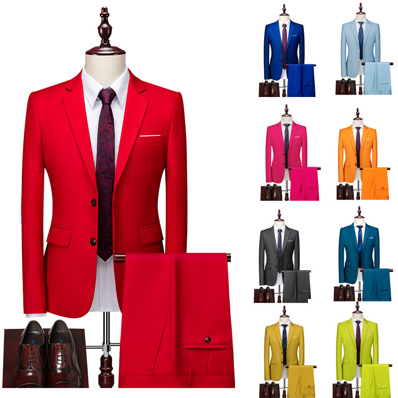 红色西装男大码商务休闲职业正装外套新伴郎婚礼舞台演出西服套装