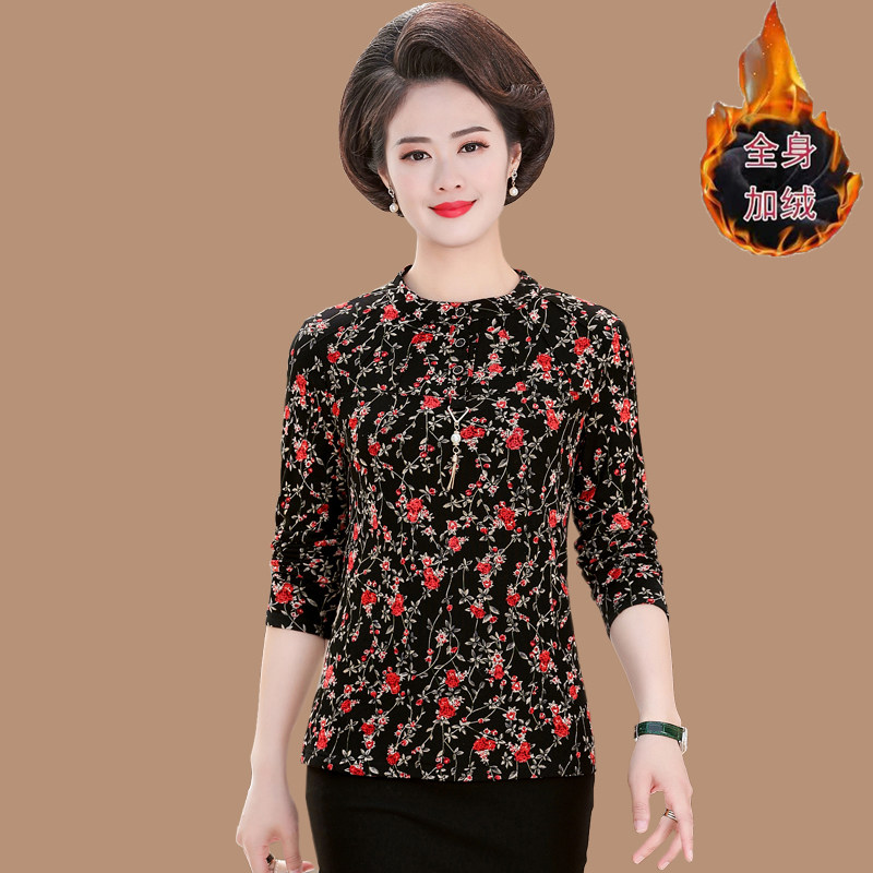中老年女装秋装上衣长袖t恤打底衫50岁妈妈秋冬装加绒碎花小衫