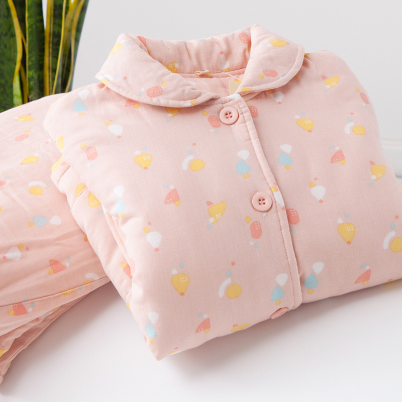 全棉秋冬夹棉长袖睡衣女士