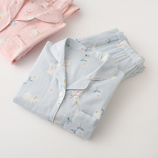 睡衣女春秋夏季 纯棉纱布长袖 薄款 可爱卡通日系翻领棉麻家居服套装