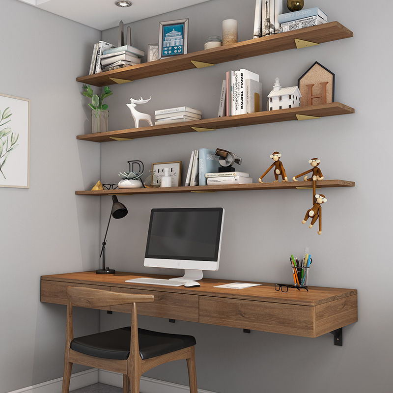 定制实木悬空书桌原木一字板悬挂长条桌壁挂式书架一体挂墙电脑桌