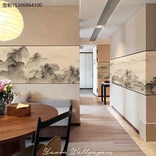 新中式水墨山水壁纸国风上水长卷壁布宋氏美学客厅餐厅卧室8D壁画