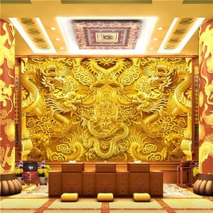 仿浮雕木龙祥云墙纸酒店会所寺庙供台佛堂背景墙画布龙纹云纹壁纸