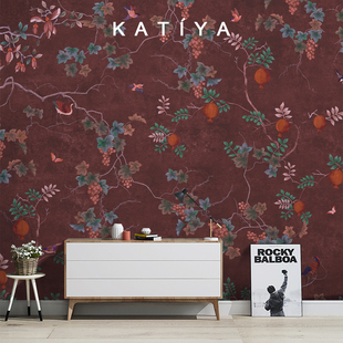 Katiya手绘石榴轻奢美式复古电视背景墙布卧室碎花壁纸故宫红壁画