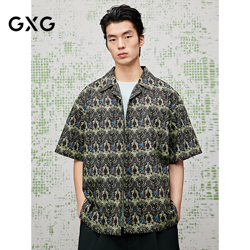 GXG男装 夏季满印水洗短袖衬衫度假风休闲潮流衬衫男士