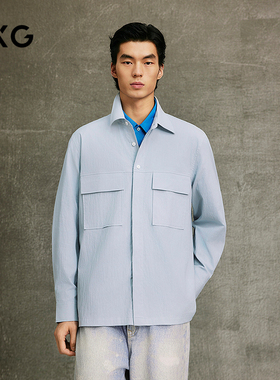 GXG男装 浅蓝色泡泡纱简约时尚翻领长袖衬衫25春季新品G25X031004