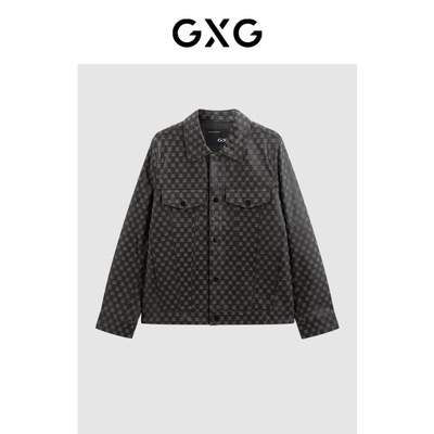 GXG男装 老花满印真皮夹克男潮流时尚夹克外套皮衣夹克 春秋热卖