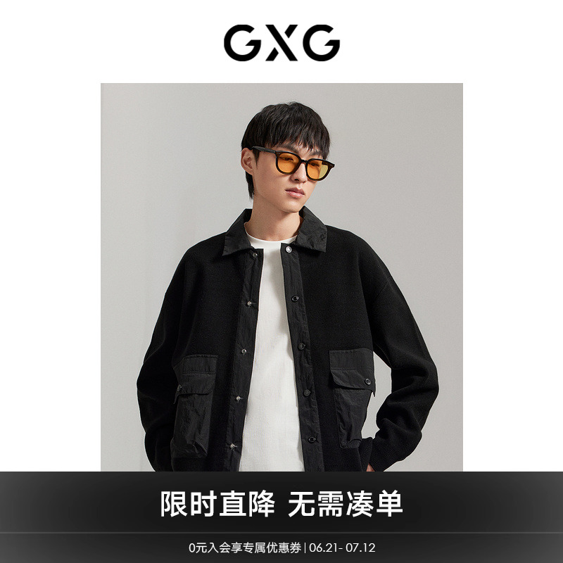 GXG男装 商场同款 黑色翻领可机洗羊毛针织衫毛衣外套GEX13014303