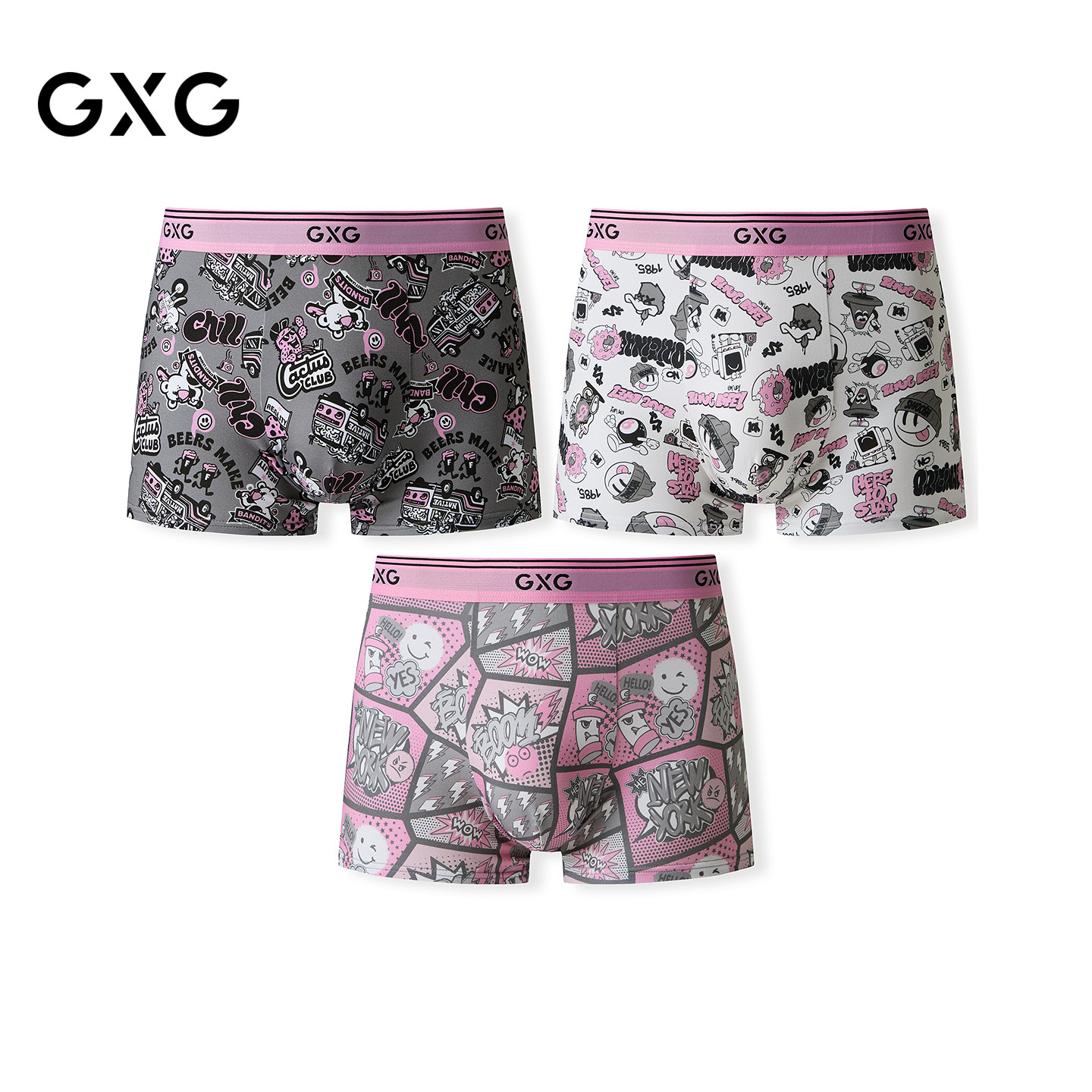 GXG男士内裤【3条装】趣味卡通印花灰粉棉莫内裤男抑菌透气平角裤