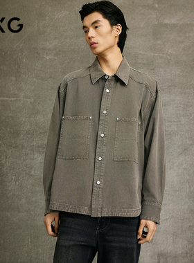 GXG男装 灰绿色休闲时尚牛仔衬衫外套 25年春季新品G25XE91001