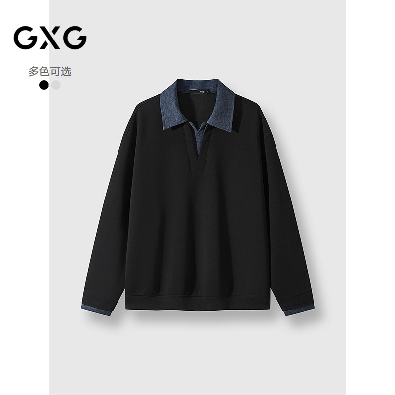 GXG男装 春秋热卖中廓假两件拼接领口休闲百搭学院风翻领卫衣男