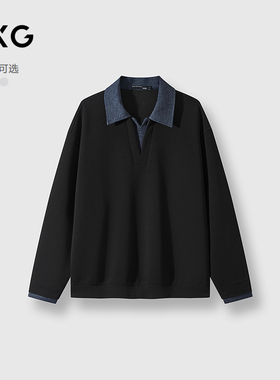 25年秋季新品GXG男装 假两件拼接领口休闲百搭学院风翻领卫衣
