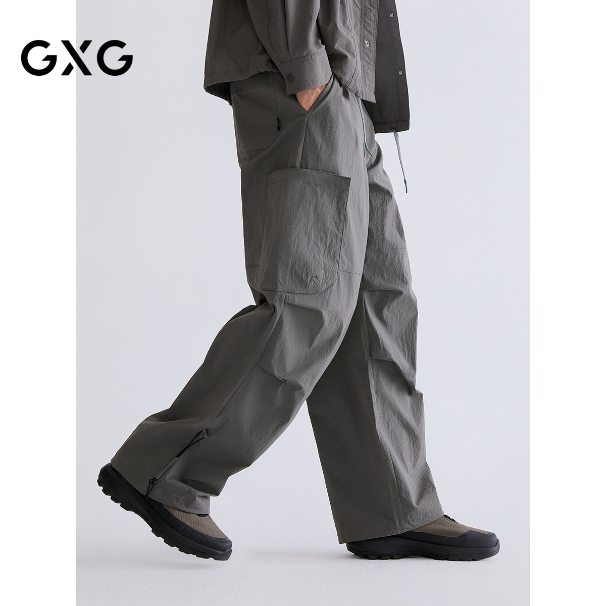 GXG男装 【小格纹肌理】春季休闲阔腿工装裤男伞兵裤通勤长裤男