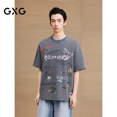 GXG男装 圆领T恤做旧水洗上衣图案印花短袖针织 2025夏季新品