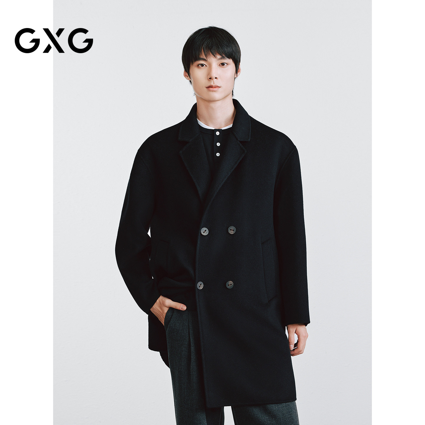 GXG 可脱卸羽绒内胆微落肩大气双排扣长款大衣  2025冬季新品