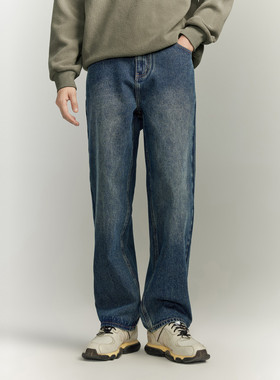 【A】GXG奥莱男装经典蓝色水洗休闲宽松舒适基础直筒牛仔裤男长裤
