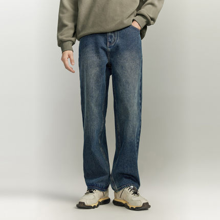 【A】GXG奥莱男装经典蓝色水洗休闲宽松舒适基础直筒牛仔裤男长裤