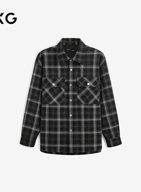 GXG男装 黑格小香风宽松长袖衬衫外套男生24年秋季品G24X033043