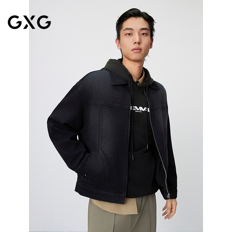 GXG男装 黑色复古水洗拉链式通勤简约牛仔翻领夹克外套25年春新品