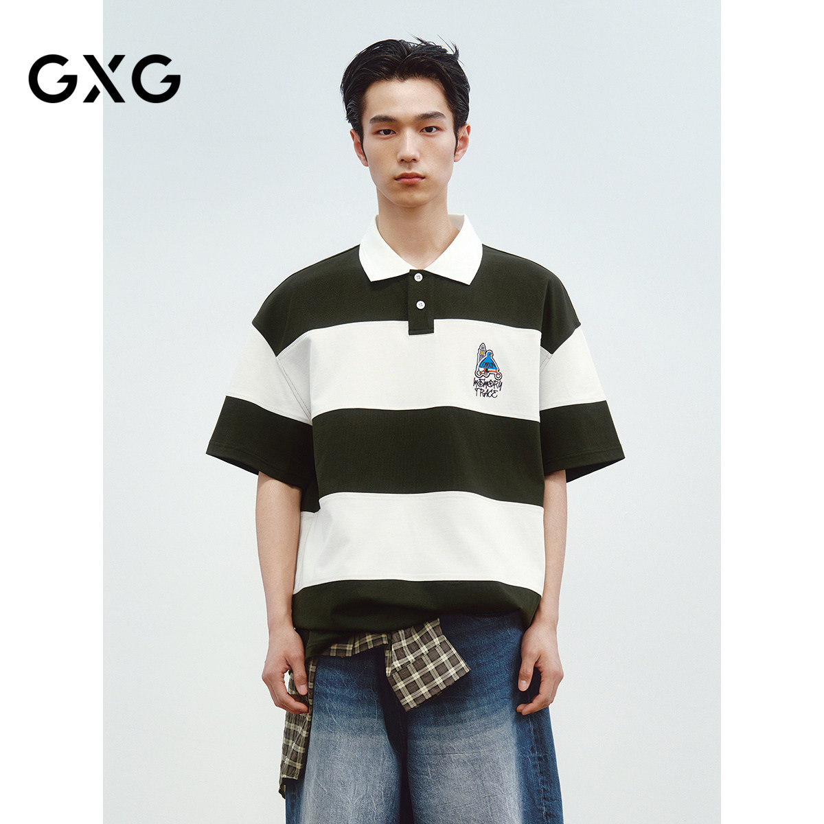GXG男装 【联名系列】夏季重磅拼条纹撞色绣花polo衫男短袖