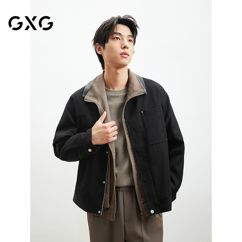 GXG男装PU皮拼接夹克25年春新品翻领夹克时尚宽松外套#G25D211023