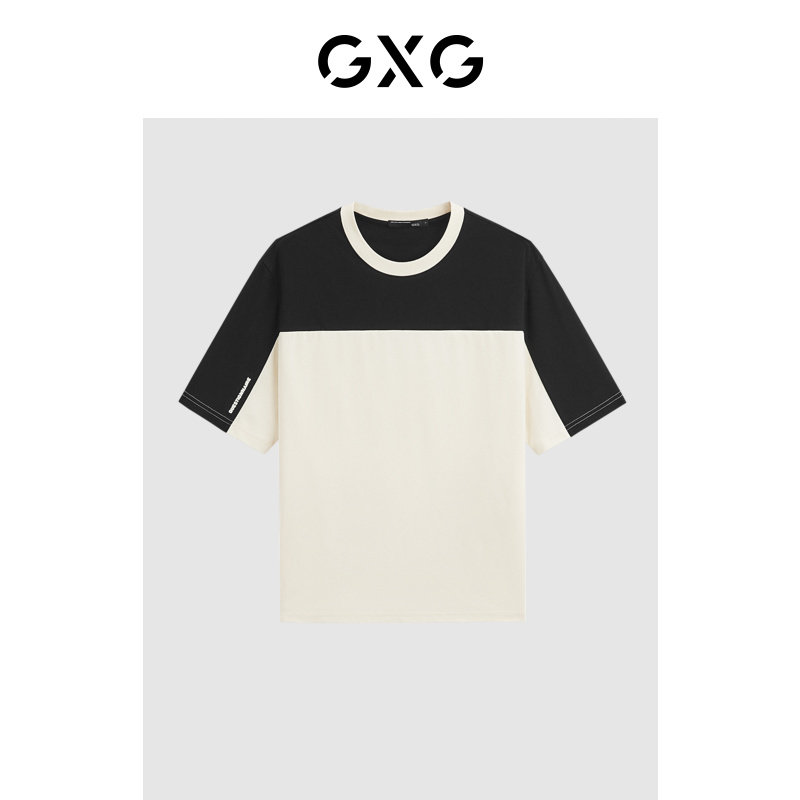 GXG男装 夏季微廓黑白色拼接撞色字母刺绣设计情侣圆领短袖T恤
