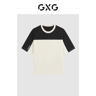 GXG男装 夏季微廓黑白色拼接撞色字母刺绣设计情侣圆领短袖T恤