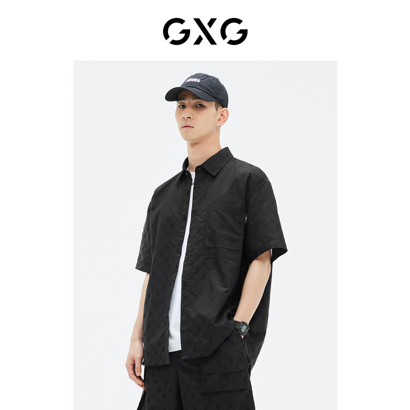 GXG男装 黑色微阔短袖衬衫时尚2023年夏季新品GE1230813C
