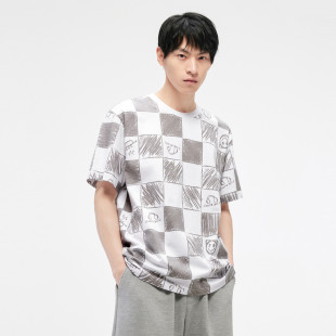 T恤 情侣短袖 GXG男装 23年夏品纯棉潮搭涂鸦棋盘格创意印花时尚