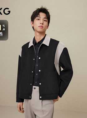 GXG男装 黑色撞色拼接设计翻领毛呢大衣外套男士 2023年冬季品