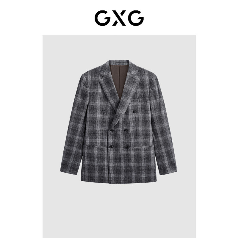 GXG男装 春秋黑白格金典双排扣西装男休闲商务单西外套上衣