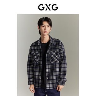 GXG男装  藏青格纹编织文艺小香风衬衫外套GEX10315403