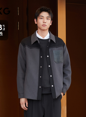 GXG男装 深灰色pu皮口袋拼接短款含羊毛大衣外套 2024冬季品