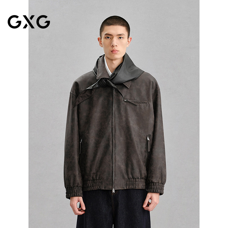 GXG男装 复古擦色pu皮夹克外套男 24年冬品G24X214064