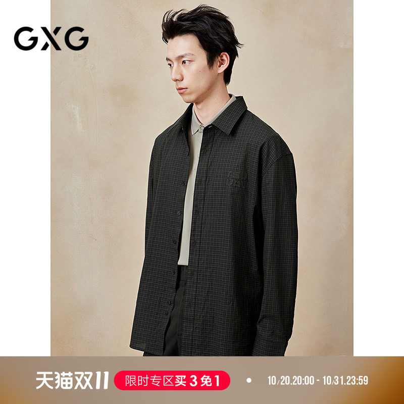 GXG男装 夏季格纹设计翻领长袖衬衫通勤衬衣男士薄外套