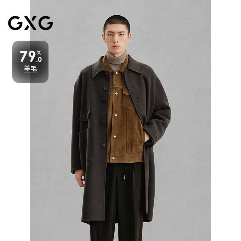 GXG男装 【含绵羊毛】冬款棕色通勤时尚百搭保暖长款大衣外套