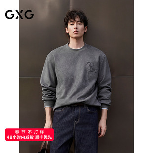 GXG男装 仿麂皮圆领卫衣立体印花上衣长袖卫衣 25冬新品