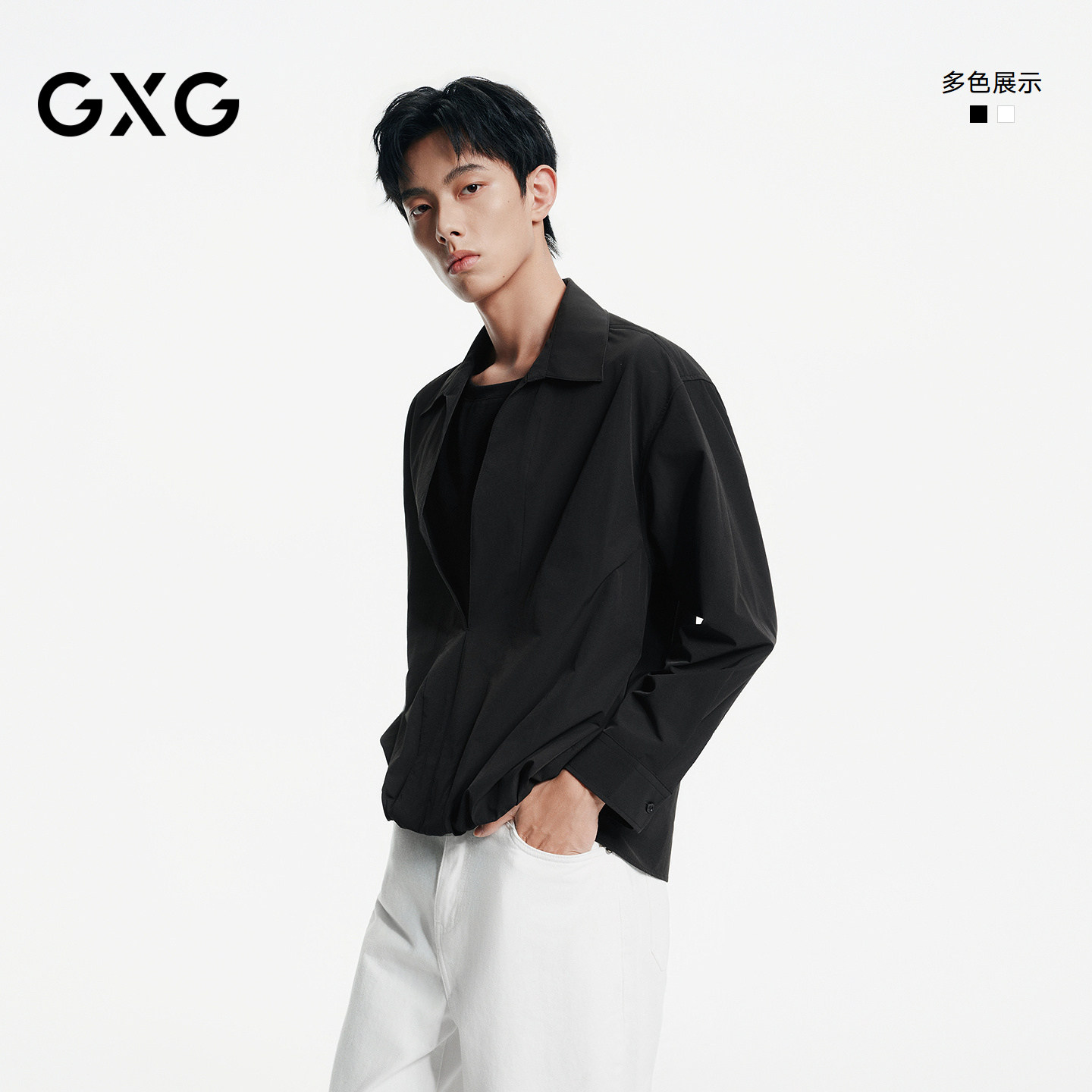 GXG男装 秋冬微廓假两件翻领长袖衬衫男休闲通勤内搭衬衫
