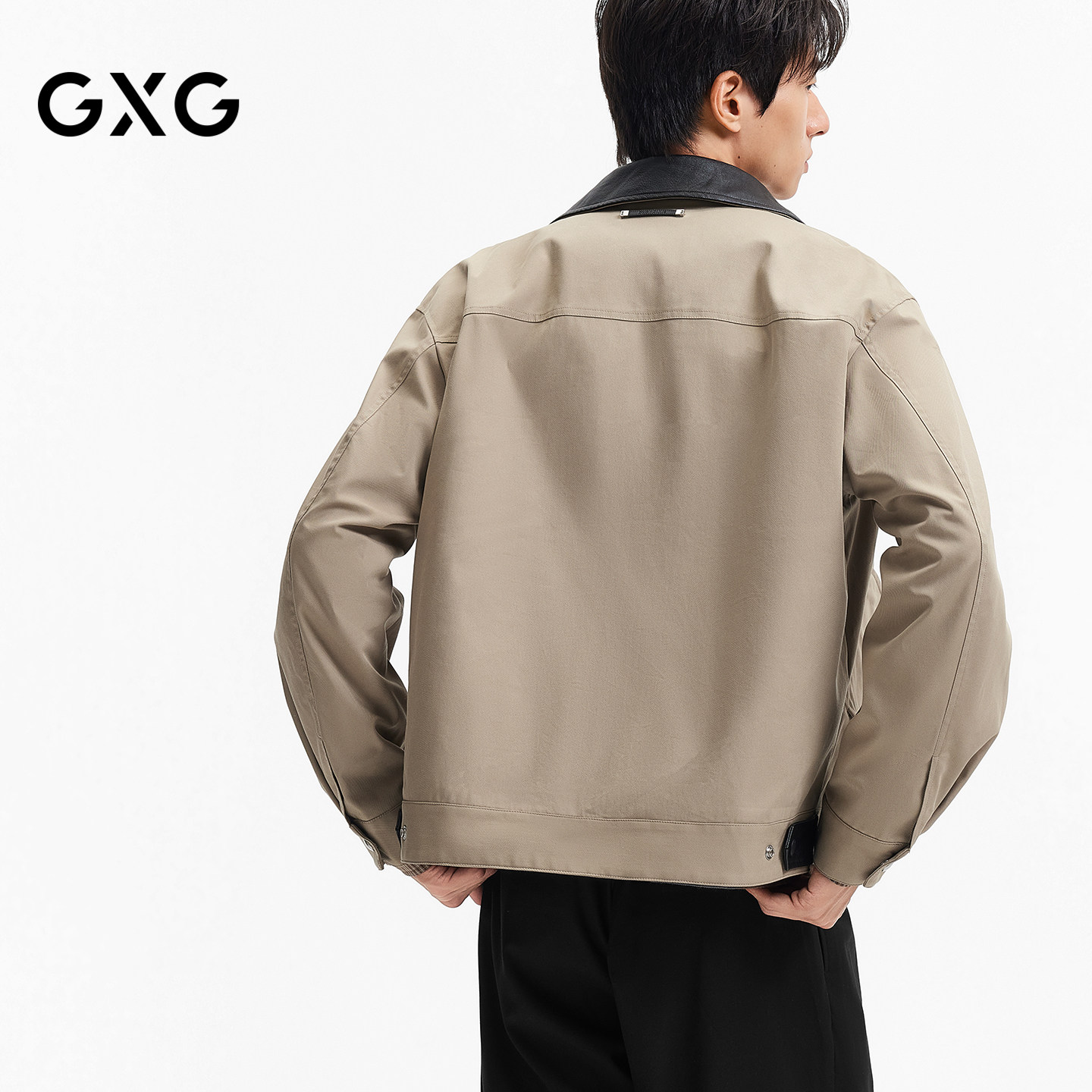 GXG男装 微廓巴恩风PU领口拼接夹克工装茄克外套 2026秋季新品