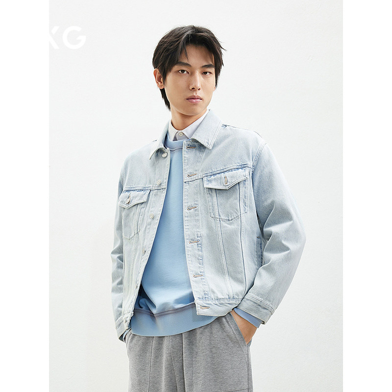 GXG男装 春秋微廓简约百搭日常通勤水洗浅蓝牛仔夹克外套男图片